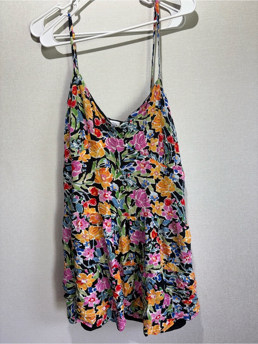 Floral Spaghetti-Strap Mini Dress in Black and Multicolor